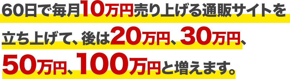 60日で毎月10万円売り上げる通販サイトが立ち上げて、後は20万円、30万円、50万円、100万円と増えます。