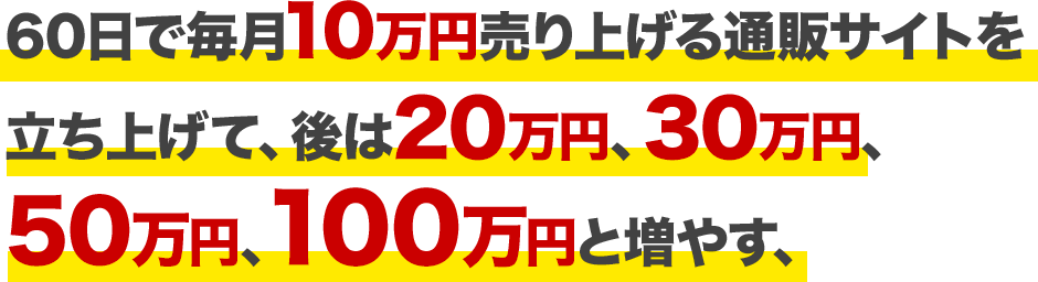 60日で毎月10万円売り上げる通販サイトが立ち上げて、後は20万円、30万円、50万円、100万円と増やす,