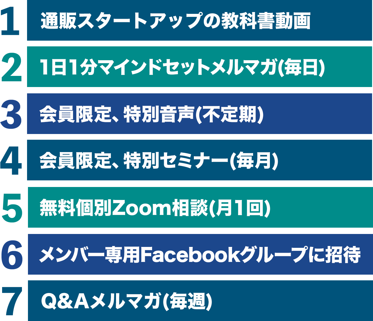 1.通販スタートアップの教科書動画2.１日１分マインドセットメルマガ(毎日)3.会員限定、特別音声(不定期)4.会員限定、特別セミナー(毎月)5.無料個別Zoom相談(月１回)6.メンバー専用Facebookグループに招待7.Q&Aメルマガ(毎週)